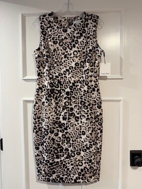 Calvin Klein Leopard Print Sleeveless Midi Dress in Cream and Black Size 10 New